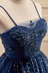 Prom Dresses Curvy, Dark Navy Spaghetti Straps Tulle Short Homecoming Dresses