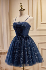 Prom Dresses 2028 Blue, Dark Navy Spaghetti Straps Tulle Short Homecoming Dresses