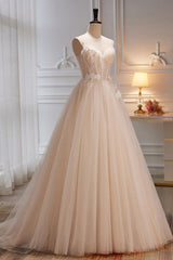 Unique Prom Dress, Charming Spaghetti Straps Sleeveless Evening Dress A Line Tulle Long Prom Gown