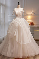 Evening Dresses Unique, Elegant Ivory Spaghetti Straps Ball Gown with Bowknot A Line Tulle Long Prom Dresses