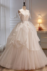 Evening Dresses Gowns, Elegant Ivory Spaghetti Straps Ball Gown with Bowknot A Line Tulle Long Prom Dresses