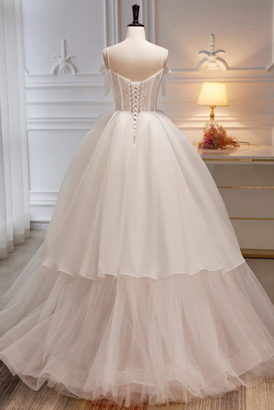 Evening Dresses Simple, Elegant Ivory Spaghetti Straps Ball Gown with Bowknot A Line Tulle Long Prom Dresses
