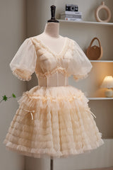 Bridesmaid Dress Sale, Champagne V Neck Short Sleeves Tulle Short Homecoming Dresses