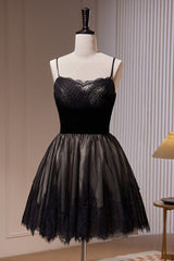 Bridesmaids Dress Fall, Black Spaghetti Straps Lace Tulle Short Homecoming Dresses