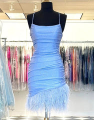 Wedding Aesthetic, Light Blue Spaghetti Straps Tight Homecoming Dress With Feather