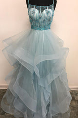 Formal Dress Short, Light Green Spaghetti Straps Tulle Prom Dress with Beading Crystal