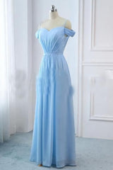 Night Dress, Light Sky Blue A Line Off The Shoulder Natural Waist Ruched Prom Dress, Lace Up Party Dress