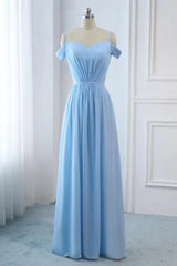 Prom Dress Blue, Light Sky Blue A Line Off The Shoulder Natural Waist Ruched Prom Dress, Lace Up Party Dress