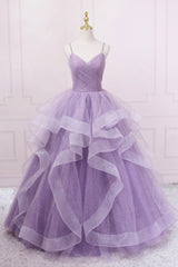 Evening Dresses Mermaid, Purple Tulle Long Prom Dress, A-Line Spaghetti Strap Evening Gown