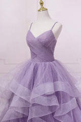 Evening Dress Lace, Purple Tulle Long Prom Dress, A-Line Spaghetti Strap Evening Gown