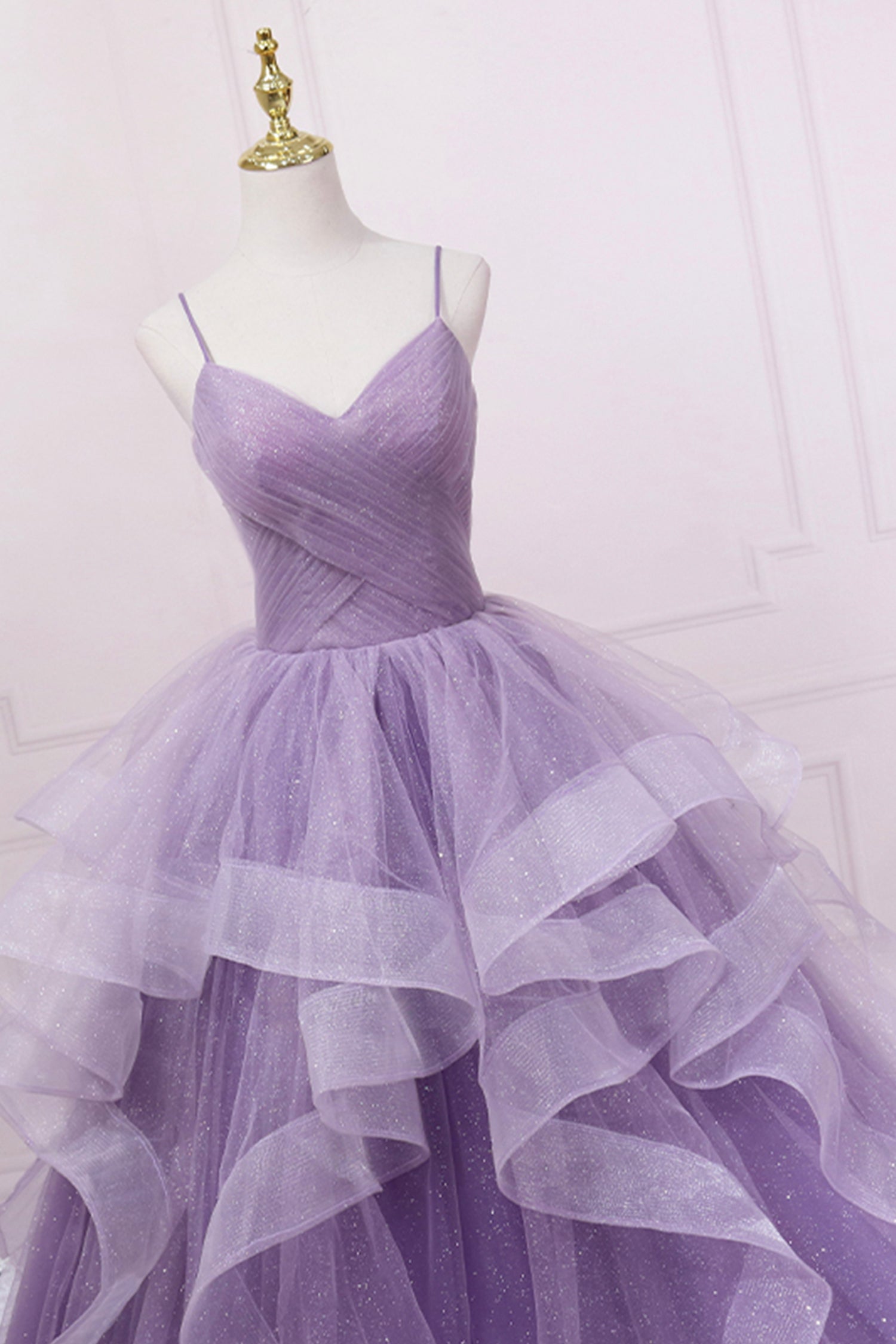 Evening Dress Short, Purple Tulle Long Prom Dress, A-Line Spaghetti Strap Evening Gown