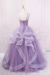 Evening Dresses Open Back, Purple Tulle Long Prom Dress, A-Line Spaghetti Strap Evening Gown
