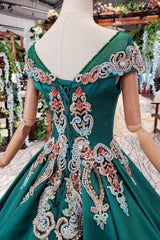 Bridesmaid Dresses Fall, Luxury Green Round Neck Short Sleeves Prom Dresses with Beading