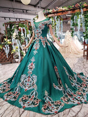 Bridesmaid Dresses Online, Luxury Green Round Neck Short Sleeves Prom Dresses with Beading