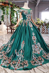 Bridesmaid Dresses Ideas, Luxury Green Round Neck Short Sleeves Prom Dresses with Beading
