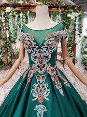 Bridesmaid Dresses Pink, Luxury Green Round Neck Short Sleeves Prom Dresses with Beading