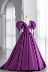 Evening Dresses For Over 63S, Purple Puff Sleeves Satin Long Prom Dress, V-Neck Evening Dress