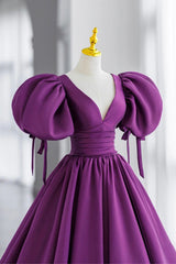 Evening Dress With Sleeves Uk, Purple Puff Sleeves Satin Long Prom Dress, V-Neck Evening Dress