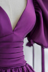 Evening Dress Suit, Purple Puff Sleeves Satin Long Prom Dress, V-Neck Evening Dress