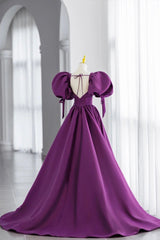 Evening Dresses Suits, Purple Puff Sleeves Satin Long Prom Dress, V-Neck Evening Dress