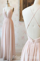 Homecoming Dress Style, Simple V-neck Zipper Back Floor Length Pink Chiffon Long Elegant Bridesmaid Dresses