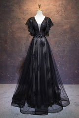 Party Dress, Modest Black Long A-line V-neck Black Prom Dresses Chic Party Dresses