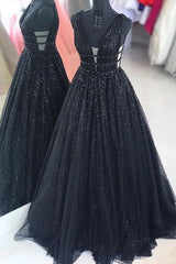 Bridesmaides Dresses Fall, Black Sparkly V-neck For Mal Prom Dresses Pretty Princess Dresses For Teens