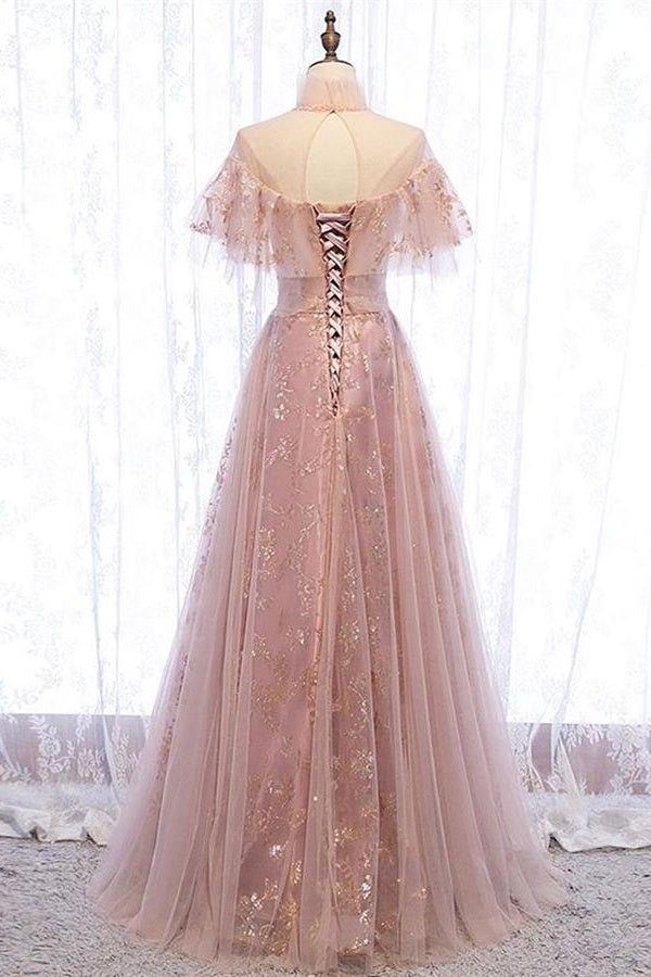 Evening Dresses Lace, Elegant High Neck Vintage Long Lace Up Prom Dresses Flowy Party Gowns