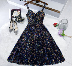Party Dress And Gown, Glitter Spaghetti Straps Cute Short Prom Dresseses Tight Tea Length Homecoming Dresses