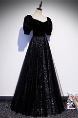 Prom Dresses White And Gold, Modest Sparkly Black Long A-line Prom Dresses With Sleeves Evening Gowns