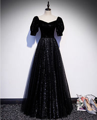 Black Prom Dress, Modest Sparkly Black Long A-line Prom Dresses With Sleeves Evening Gowns