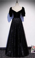 Prom Dresses Brown, Modest Sparkly Black Long A-line Prom Dresses With Sleeves Evening Gowns