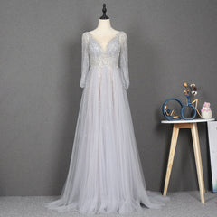 Prom Pictures, Amazing Long Gray Beading Prom Dresses Modest Evening Gowns