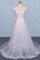 Wedding Dresses Lace Sleeve, Charming Spaghetti Straps Long A-line Wedding Dresses Beach Wedding Dresses