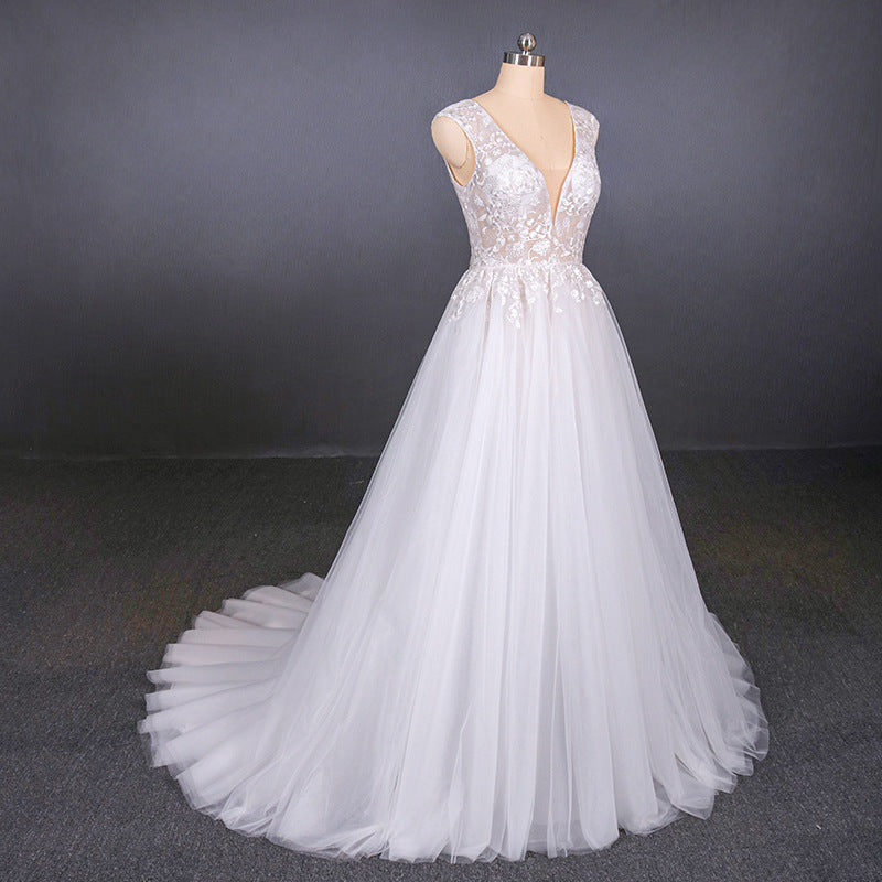 Wedding Dress Wedding Dresses, Flowy A-line Long V-neck Lace Tulle Beach Wedding Dresses Bridal Gowns