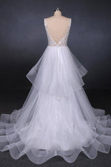 Wedsing Dress Princess, Charming V-neck Lace Wedding Dresses Elegant Backless Wedding Gowns