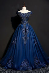 Prom Dresses Spring, Off The Shoulder Lace Up Floor Length Princess Prom Dresses With Lace Appliques