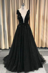 Party Dress Pinterest, Formal Deep V-neck Long Black Party Prom Dresses With Lace Appliques
