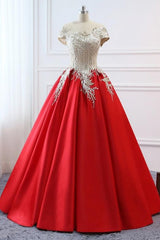 Prom Dresses For Kids, Modest Red Cap Sleeves Ball Gowns Lace Satin Prom Dresses Evening Dresses