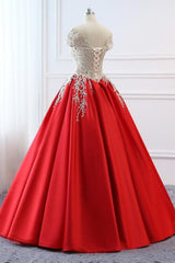 Pink Prom Dress, Modest Red Cap Sleeves Ball Gowns Lace Satin Prom Dresses Evening Dresses