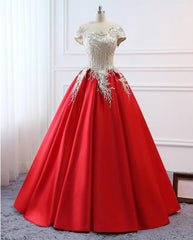 Red Dress, Modest Red Cap Sleeves Ball Gowns Lace Satin Prom Dresses Evening Dresses