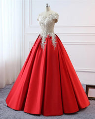 Hoco Dress, Modest Red Cap Sleeves Ball Gowns Lace Satin Prom Dresses Evening Dresses
