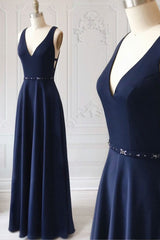 Prom Dress Long Sleeve Ball Gown, Navy Blue V-neck Floor Length Simple Cute Long Prom Dresses
