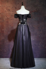 Bridesmaids Dresses Sale, Beauty Off The Shoulder Floor Length Lace Up Long Black Prom Dresses With Appliques