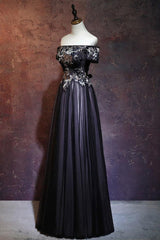 Bridesmaid Dresses Sales, Beauty Off The Shoulder Floor Length Lace Up Long Black Prom Dresses With Appliques