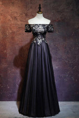 Bridesmaid Dresses Satin, Beauty Off The Shoulder Floor Length Lace Up Long Black Prom Dresses With Appliques