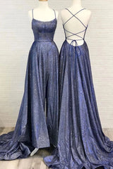 Party Dress New Look, Beautiful Spaghetti Straps Backless Long Blue Party Prom Dresses