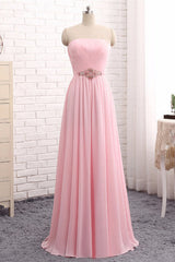Party Dress A Line, Elegant Strapless A-line Pink Chiffon Long Prom Dresses Girly Dresses
