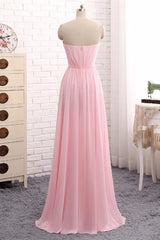 Party Dress Ball, Elegant Strapless A-line Pink Chiffon Long Prom Dresses Girly Dresses