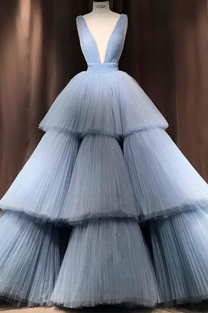 Ball Gown, Modest Ball Gown Long V-neck Light Blue Princess Prom Dresses Quinceanera Dresses